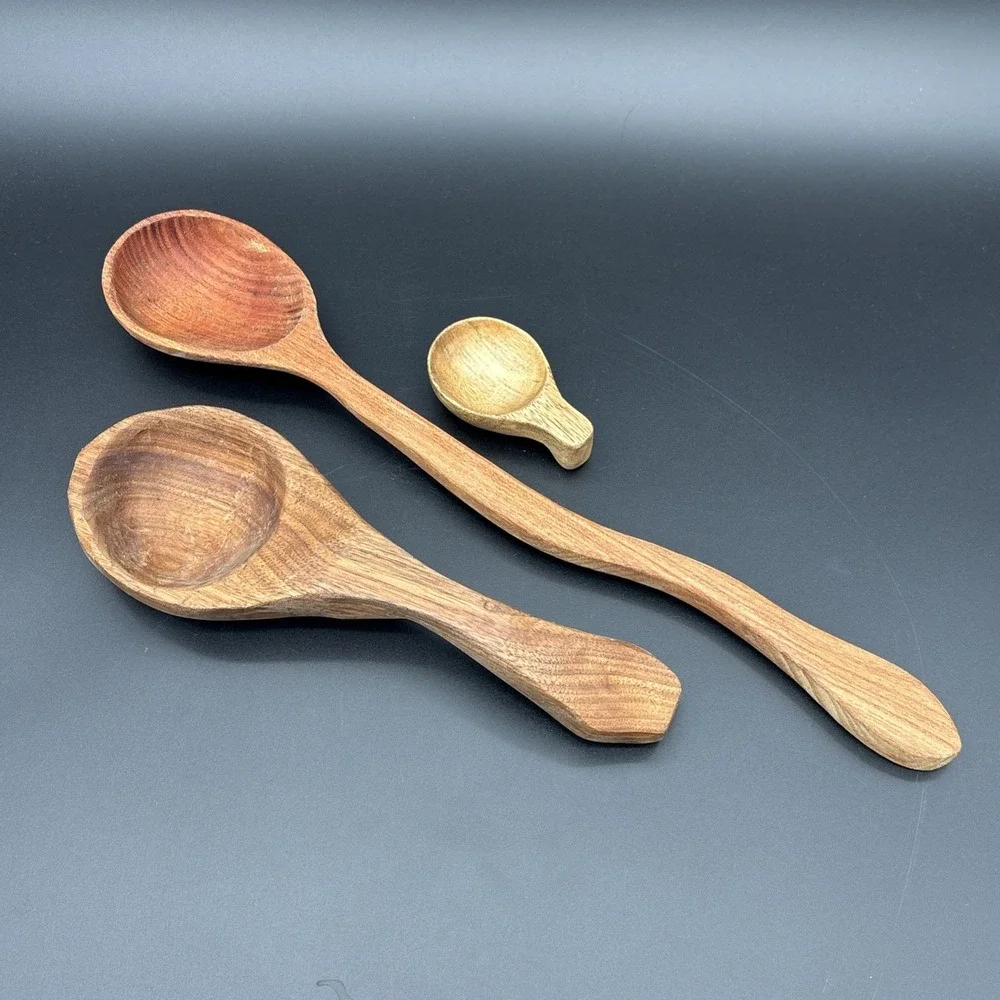 Lot of 3 Hand-Carved Artisan Wooden Spoons - Walnut, Cherry & Maple Unique